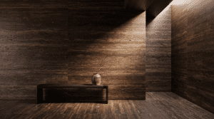 Vein-cut Noce travertine feature wall and matching floor tile showing the dark walnut brown banding and fossil pitting that distinguish Noce from ivory travertine