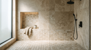 Tumbled travertine mosaic tile on a shower floor and recessed niche, set against honed travertine wall slabs in a spa-style walk-in shower